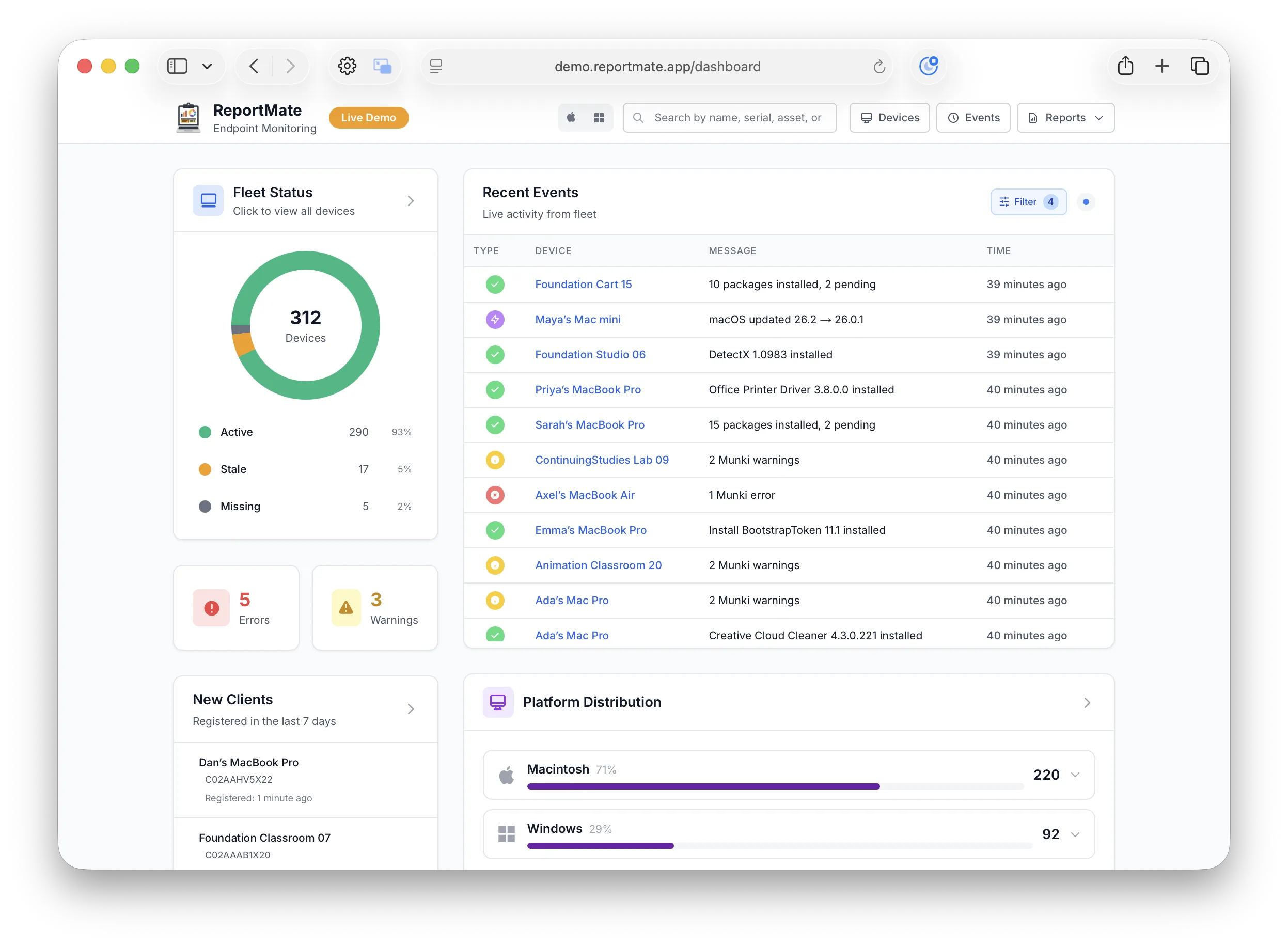 ReportMate fleet dashboard showing device counts, live events, and platform distribution